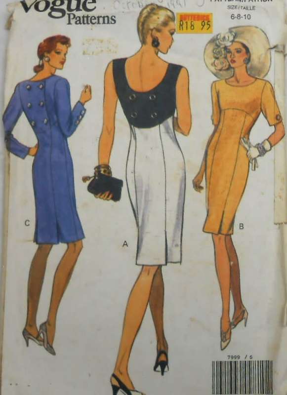 VOGUE 7999 SEMI FITTING DRESS HAS SHAPED BACK BUTTON BODICE-SIZE 6-8-10 COMPLETE-CUT TO 10 ZIPLOC