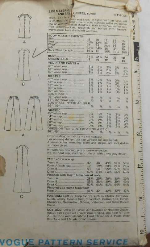 VOGUE 8259 MATERNITY DRESS-TUNIC-PANTS SIZE 12 BUST 34 COMPLETE-ZIPLOC