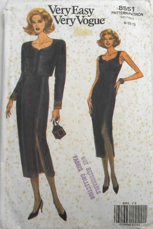VOGUE 8551 LOOSE FITTING LINED DRESS & JACKET SIZE 8-10-12 COMPLETE-CUT TO 12