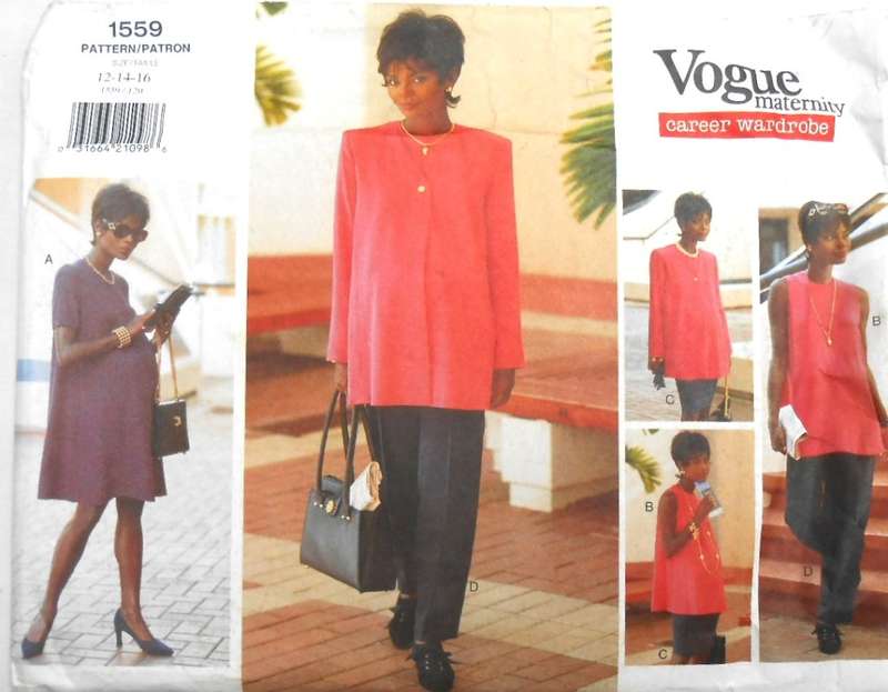 VOGUE 1565 MATERNITY JACKET-DRESS-TUNIC-SKIRT-PANTS- SIZE 12-14-16 COMPLETE-MOSTLY UNCUT ONLY PANTS