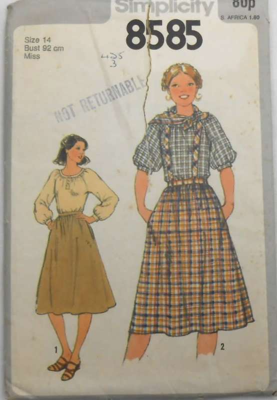 SIMPLICITY 8585 PULLOVER BLOUSE-SKIRT WITH DETACHABLE SUSPENDERS-SCARF SIZE 14 BUST 92 CM  COMPLETE