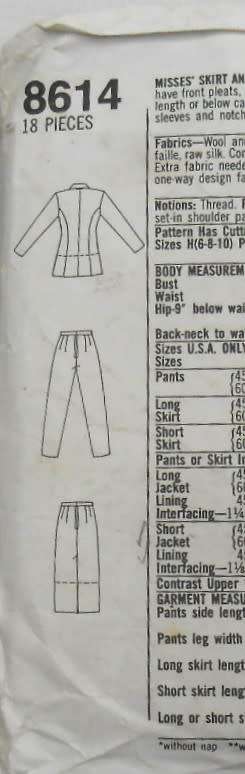SIMPLICITY 8614SKIRT-LINED JACKET-PANTS SIZE 12-16 SEE LISTING