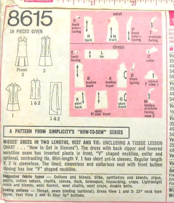 SIMPLICITY 8615 DRESS-VEST-TIE SIZE 12 BUST 34- COMPLETE