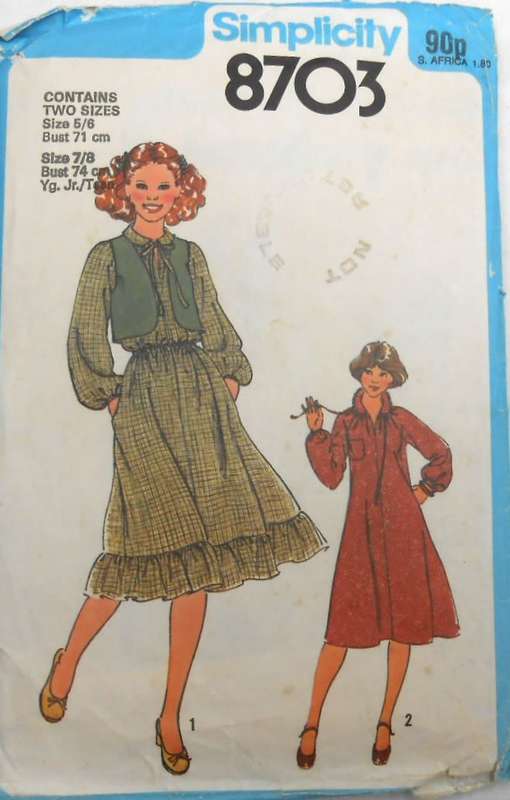SIMPLICITY 8703 GIRLS PULLOVER DRESS & LINED WAISTCOAT SIZE 5/6+7/8 YEARS COMPLETE