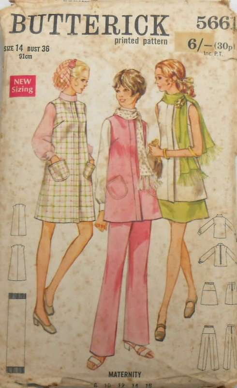 VINTAGE BUTTERICK 5661 MATERNITY ONE PIECE PINAFORE-TUNIC-BLOUSE-SKIRT-PANTS-SCARF SIZE 14 BUST 36