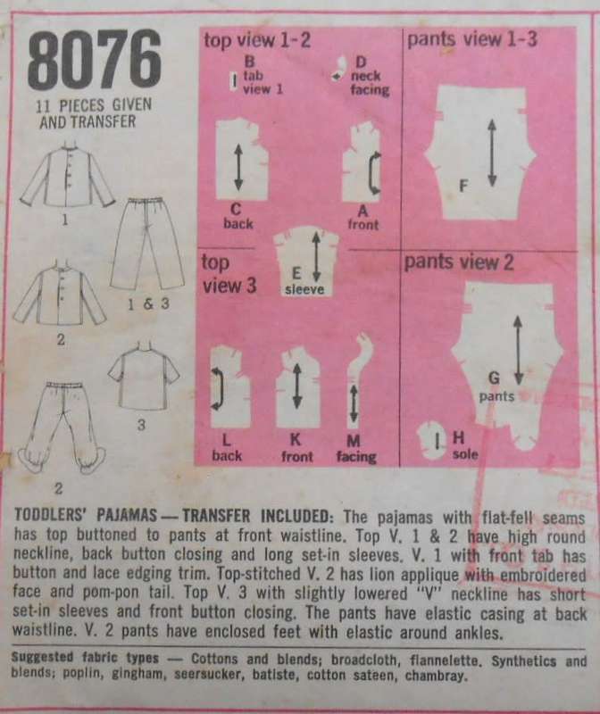 VINTAGE SIMPLICITY 8076 TODDLERS PJS WITH TRANSFER SIZE 2 YEAR - COMPLETE-UNCUT-F/FOLDED