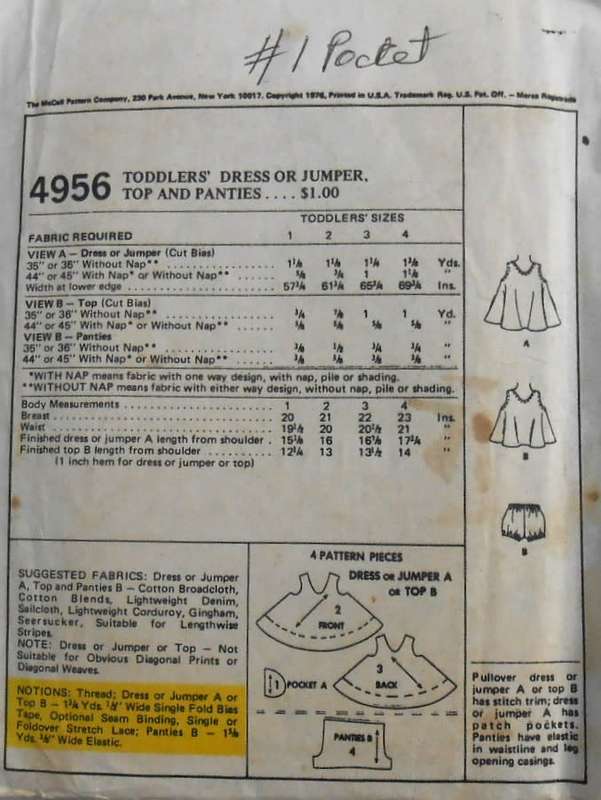 VINTAGE McCALLS 4956 TODDLERS DRESS-PINAFORE-TOP & PANTIE SIZE 1 YEARS BREAST 20 SEE LISTING