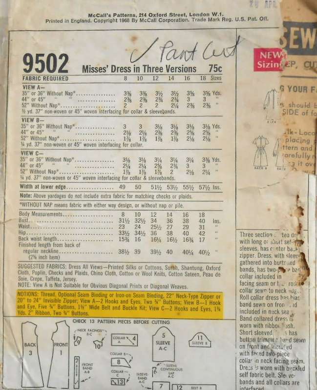 McCALLS 9502 DRESS IN 3 VERSIONS SIZE 12 BUST 34 COMPLETE-PART CUT