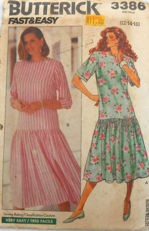 BUTTERICK 3386 DRESS WITH LOOSE FITTING DROP WAIST BODICE SIZE 12-14-16 COMPLETE-CUT TO 16