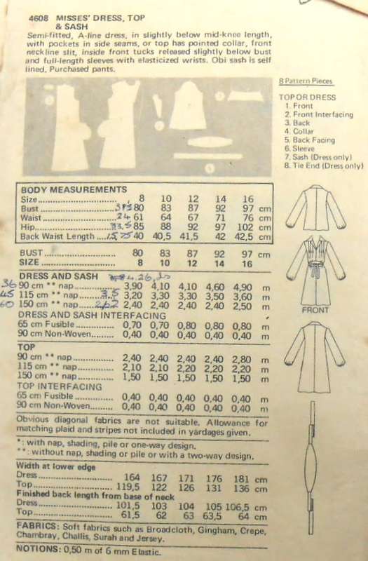 BUTTERICK 4608 DRESS-TOP-SASH SIZE 8 BUST 80 CM COMPLETE-ZIPLOC BAG