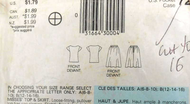 BUTTERICK 5300 TOP & SKIRT SIZE 12-14-16 COMPLETE - CUT TO SIZE 16