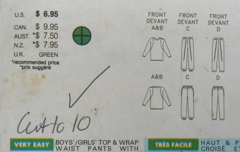 BUTTERICK 5733 GIRLS & BOYS TOP & WRAP WAIST PANTS WITH VELCRO SIZE 7-8-10 YEARS COMPLETE-CUT TO 10