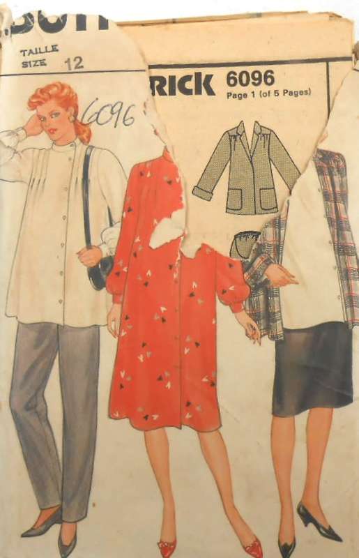 BUTTERICK 6096 MATERNITY JACKET-DRESS-TOP-PANTS SIZE 12 COMPLETE-UNCUT-F/FOLDED-ZIPLOC