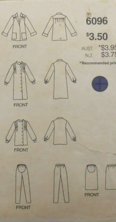 BUTTERICK 6096 MATERNITY JACKET-DRESS-TOP-PANTS SIZE 12 COMPLETE-UNCUT-F/FOLDED-ZIPLOC