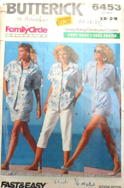 BUTTERICK 6453 SHIRT-PANTS-SHORTS SIZE XS-S-M (6-14 COMPLETE-CUT TO M (12-14)