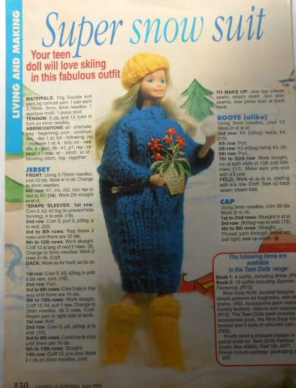 SUPER SNOW SUIT-JERSEY-BOOTS-CAP DRESS FOR 12 INCH TEEN DOLL-LIVING & LOVING JULY 1995