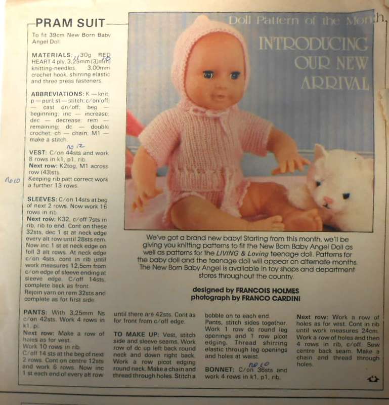 PRAM SUIT TO FIT 38 CM NEW BORN BABY ANGEL DOLL - LIVING & LOVING FEBRUARY 1984
