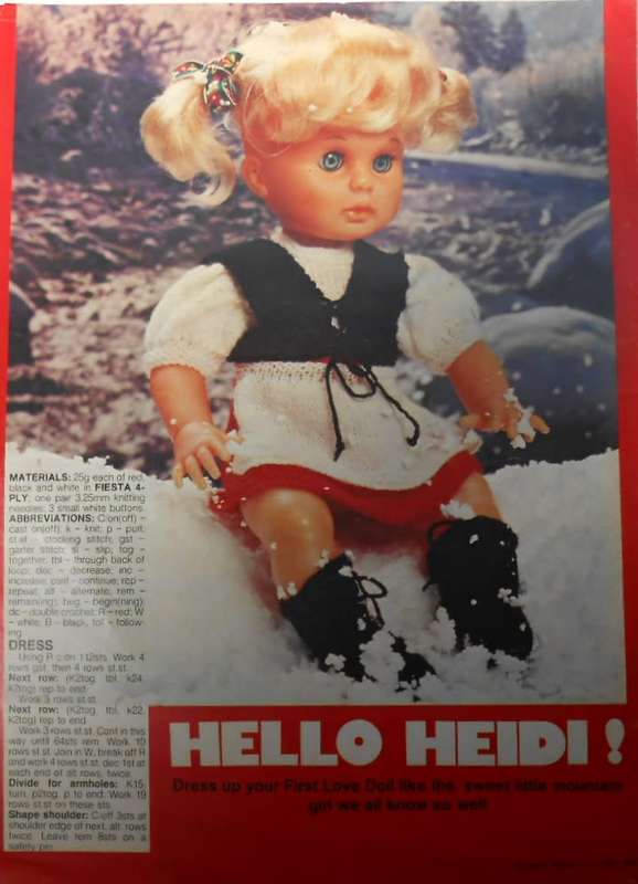 HELLO HEIDI -  DRESS - APRON - WAISTCOAT - FIRST LOVE DOLL - WOMEN`S VALUE JUNE 1984