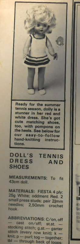 DOLL`S TENNIS DRESS & SHOES- FIRST LOVE DOLL - LIVING & LOVING OCTOBER 1977
