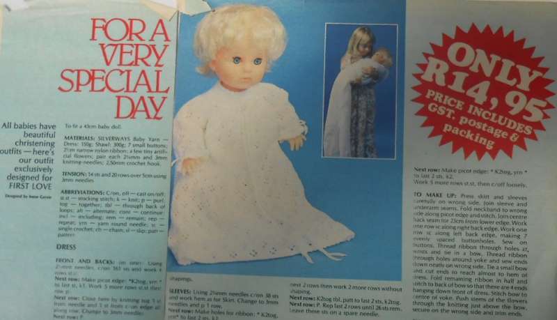 FOR A VERY SPECIAL DAY - CHRISTENING OUTFIT FOR BABY LOVE DOLL CHECKERS VALUE MARCH/APRIL 1979