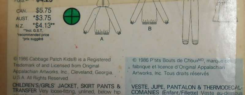 BUTTERICK 3996 CABBAGE PATCH-JACKET-SKIRT-PANTS-DOLL`S CLOTHES-TRANSFER SIZE 12-14 YEARS-COMPLETE