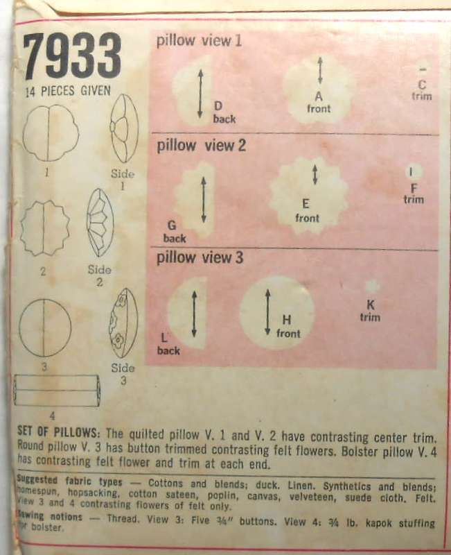 SIMPLICITY 7933-SET OF PILLOWS ONE SIZE COMPLETE-MOSTLY UNCUT