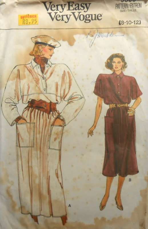 VOGUE 9366 LOOSE FITTING PULLOVER DRESS SIZE 8-10-12 COMPLETE-CUT TO 12-OLD WATER MARK VISIBLE