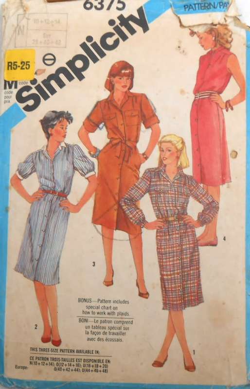 SIMPLICITY 6375 SHIRT WAIST DRESS SIZE 10-12 -14 COMPLETE-CUT TO SIZE 14-ZIPLOC