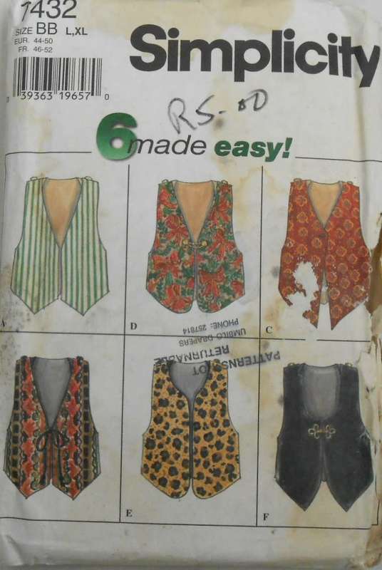 SIMPLICITY 7432 WAISTCOATS SIZE L-XL (18-24)  COMPLETE-ZIPLOC
