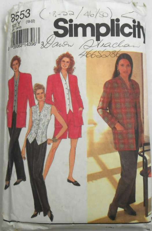 SIMPLICITY 8553 PANTS-SHORT-TOP-LINED JACKET SIZE 18-22 -PAGE 1-2 SEWING INS NOT SUPPLIED-UNCUT