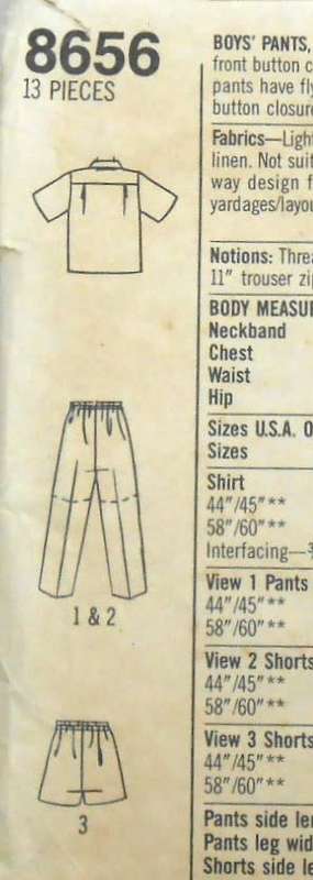 SIMPLICITY 8656 BOYS PANTS-SHORTS-VERY LOOSE SHIRT SIZE 8-10-12 YEARS-COMPLETE