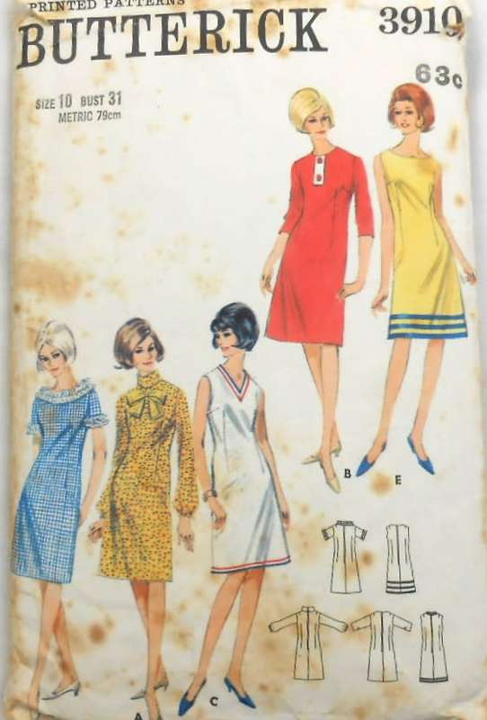 VINTAGE BUTTERICK 3910 ONE PIECE DRESS  SIZE 10 BUST 31 COMPLETE