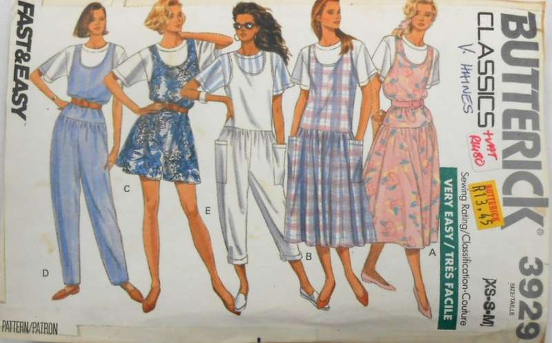 BUTTERICK 3929 PINAFORE-JUMPSUIT-TOP SIZE XS-S-M (4-14) COMPLETE-CUT TO MEDIUM 12-14-ZIPLOC