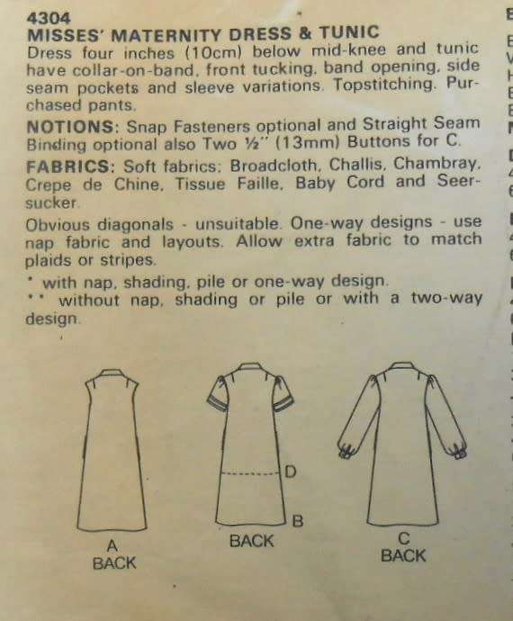 BUTTERICK 4304 MATERNITY DRESS & TUNIC SIZE 10 COMPLETE