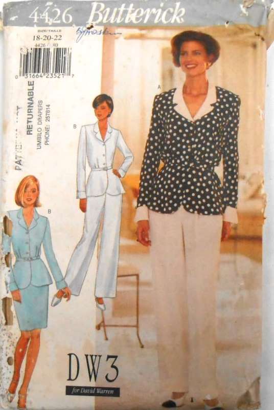 BUTTERICK 4426 TOP-BELT-SKIRT-PANTS SIZE 18-20-22 COMPLETE-UNCUT-F/FOLDED-ZIPLOC