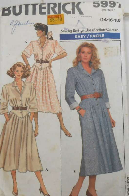 BUTTERICK 5997 LOOSE FRONT BUTTON DRESS SIZE 14-16-18 COMPLETE-CUT TO 18