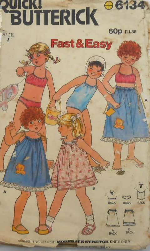 BUTTERICK 6134 GIRLS COVER UP-SWIMSUIT-BIKINI SIZE 3 YEARS  COMPLETE-ZIPLOC