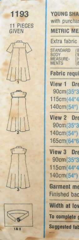 STYLE 1193 DRESS WITH YOKE & COLLAR SIZE 14 BUST 92 CM/36 COMPLETE-UNCUT-F/FOLDED
