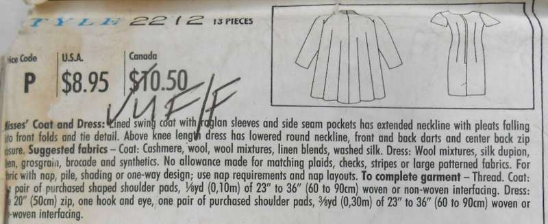 STYLE 2212 COAT & DRESS SIZE 8-18 COMPLETE-UNCUT-F/FOLDED-WATERMARK ON COVER-ZIPLOC