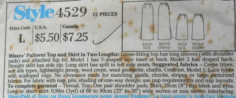 STYLE 4529 PULLOVER TOP & SKIRT SIZE 10-12-14-COMPLETE-CUT TO SIZE 14