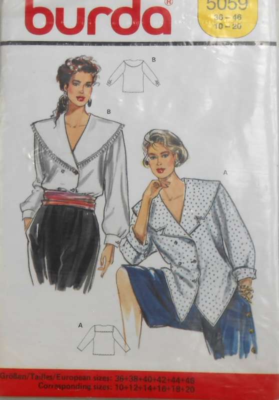BURDA 5059 BLOUSE WITH WIDE COLLAR-SIZE 10-20-COMPLETE-UNCUT-F/FOLDED