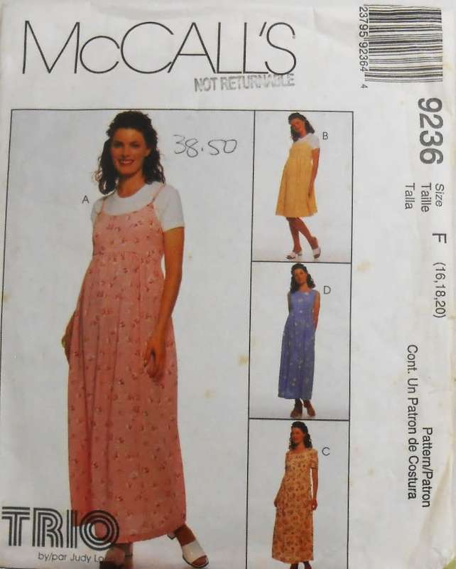 McCALLS 9236 MATERNITY DRESS & PINAFORE SIZE 16-18-20 COMPLETE-CUT TO 20