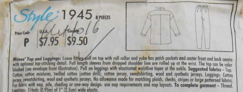 STYLE 1945 TOP & LEGGINGS SIZE 8-20 COMPLETE-CUT TO 16-ZIPLOC