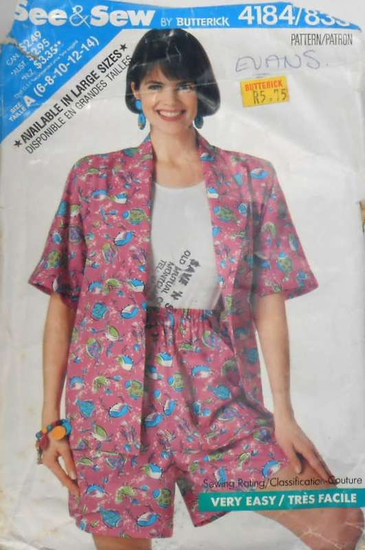 BUTTERICK 4184 SHIRT-TOP-SHORTS SIZE 6-8-10-12-14 COMPLETE-CUT-TO 14