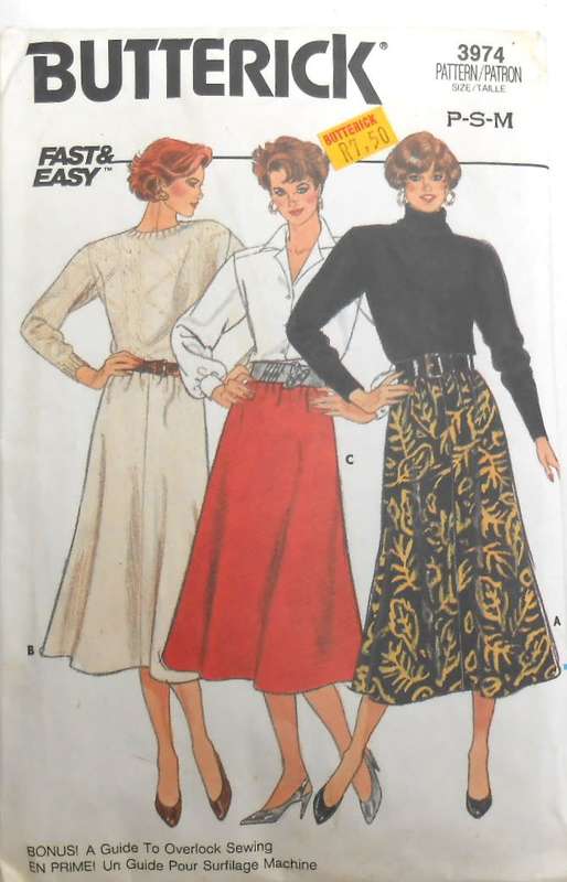 BUTTERICK 3974 SLIGHTLY FLARED SKIRT  SIZE P-S-M COMPLETE-CUT TO M