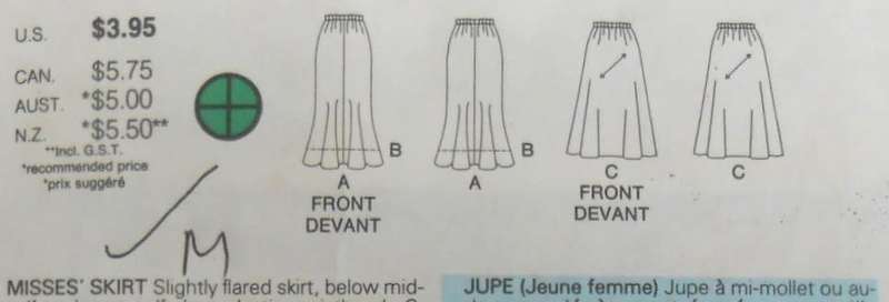 BUTTERICK 3974 SLIGHTLY FLARED SKIRT  SIZE P-S-M COMPLETE-CUT TO M