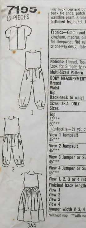 SIMPLICITY 7195 GIRLS JUMPSUIT-SUNDRESS-PINAFORE SIZE 2-6X YEARS-COMPLETE-CUT TO 4 YEARS