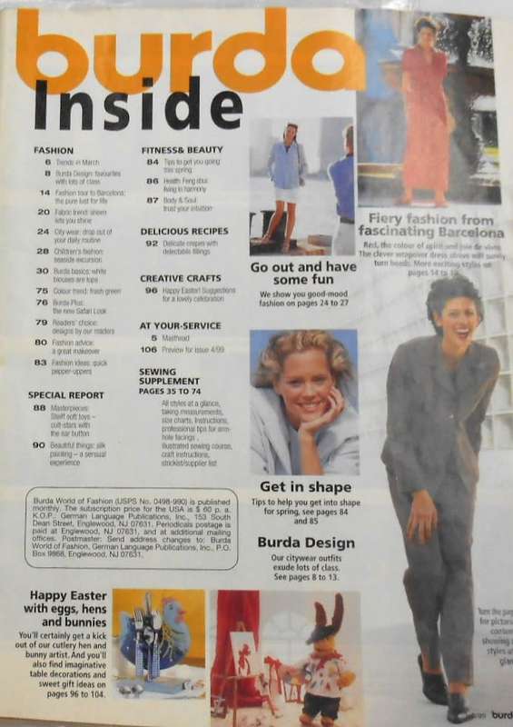 BURDA MAGAZINE-A WORLD OF FASHION-MARCH 1999-108 PAGES WITH PATTERN PULLOUT
