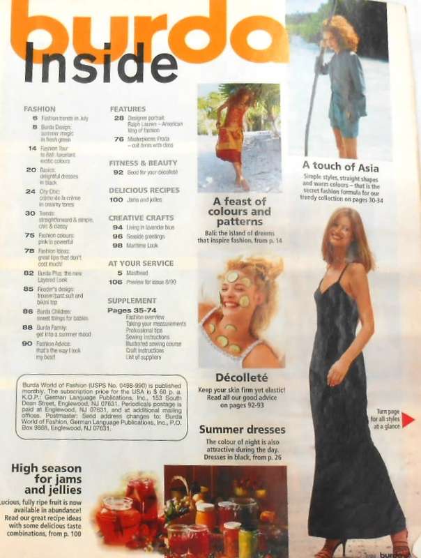 BURDA MAGAZINE-A WORLD OF FASHION-JULY 1999-108 PAGES WITH PATTERN PULLOUT
