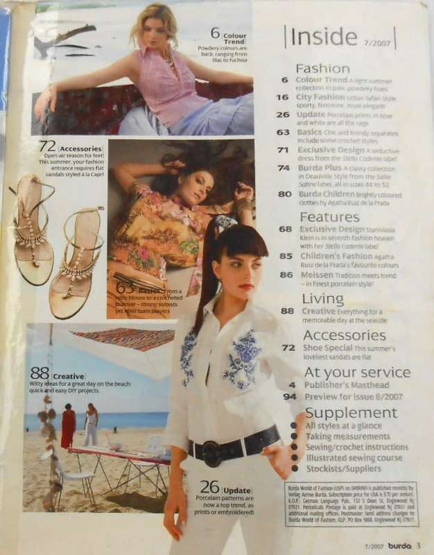 BURDA MAGAZINE-A WORLD OF FASHION JULY 2007-96 PAGES WITH PATTERN PULLOUT